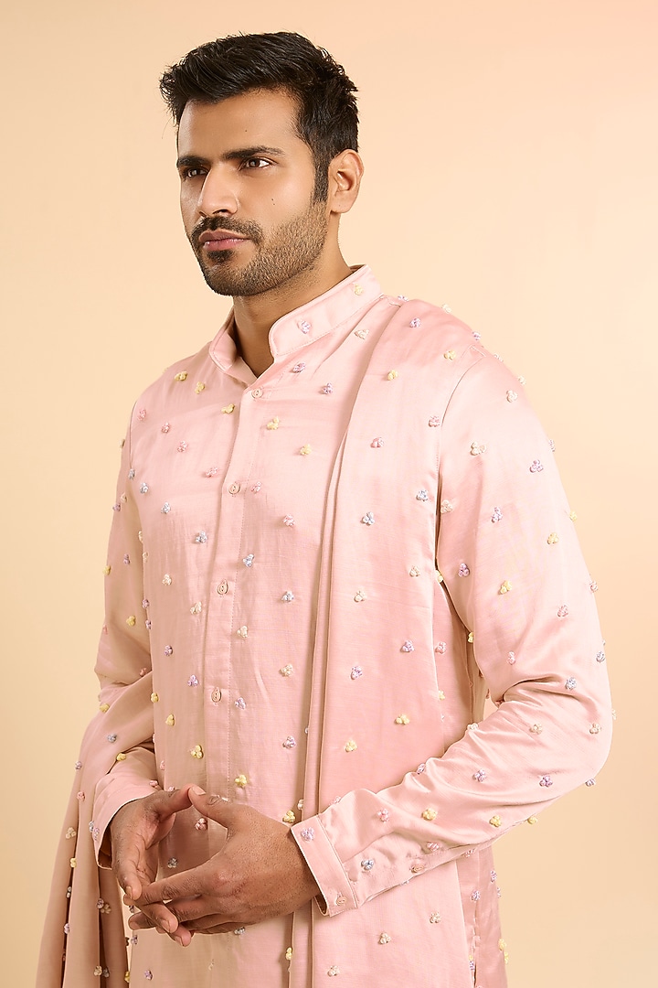 Blush Pink Linen Satin Kurta With Dupatta by Kunal Rawal at Pernia's Pop Up Shop