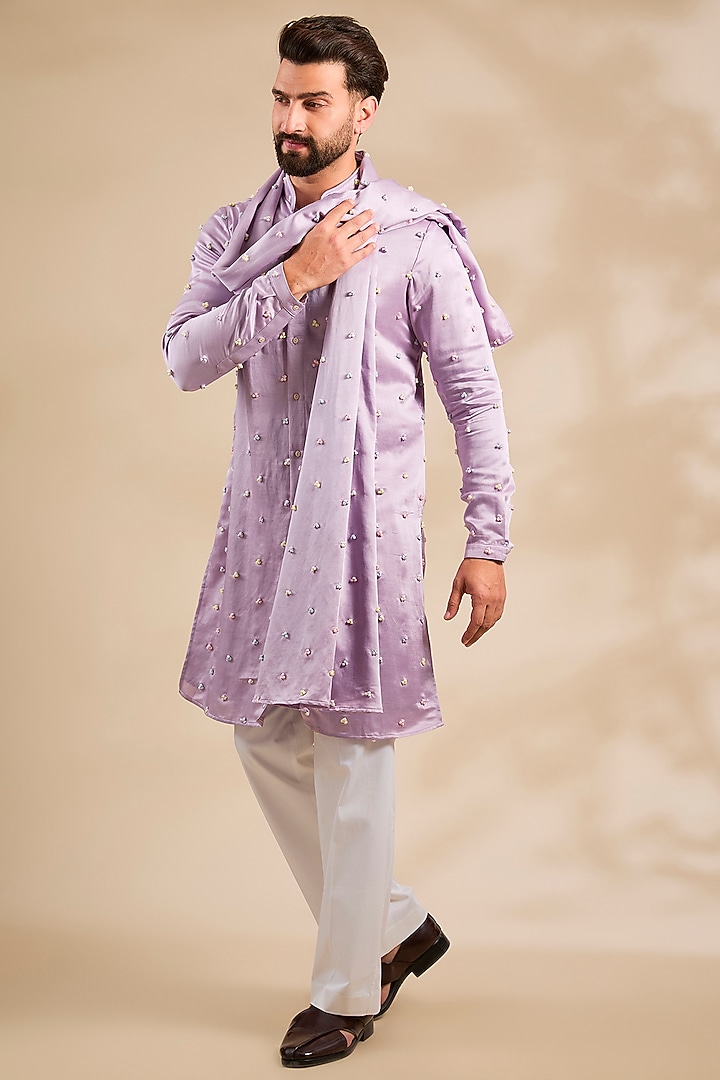Lilac Linen Satin Kurta With Dupatta by Kunal Rawal at Pernia's Pop Up Shop