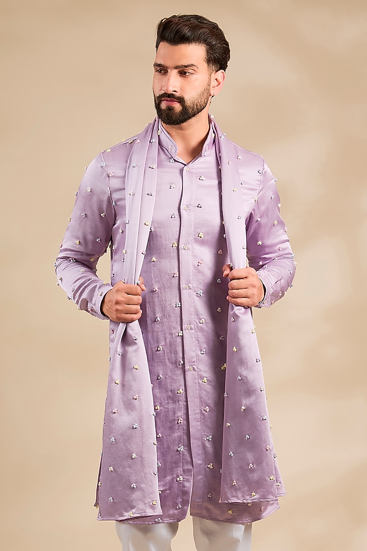 Lilac Linen Satin Kurta With Dupatta by Kunal Rawal at Pernia's Pop Up Shop