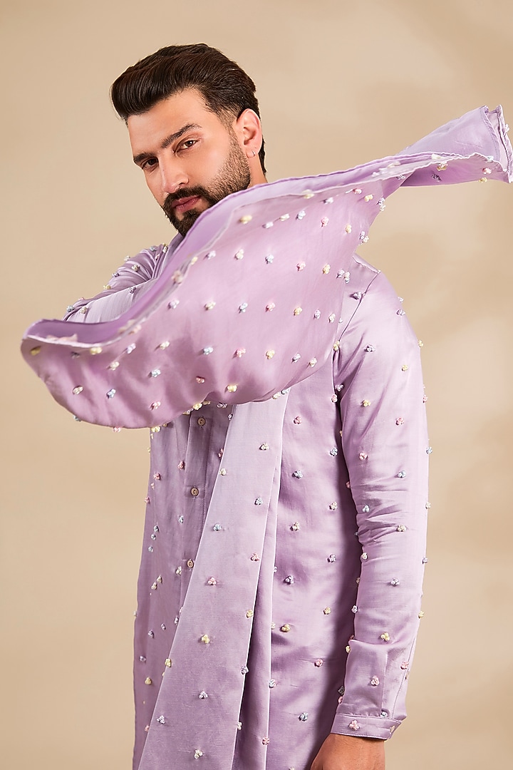 Lilac Linen Satin Kurta With Dupatta by Kunal Rawal at Pernia's Pop Up Shop