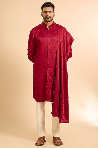 Bright Red Linen Satin Kurta With Dupatta by Kunal Rawal
