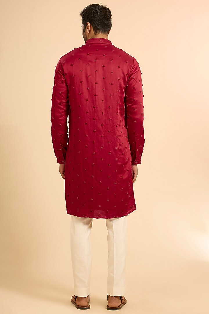 Bright Red Linen Satin Kurta With Dupatta by Kunal Rawal at Pernia's Pop Up Shop