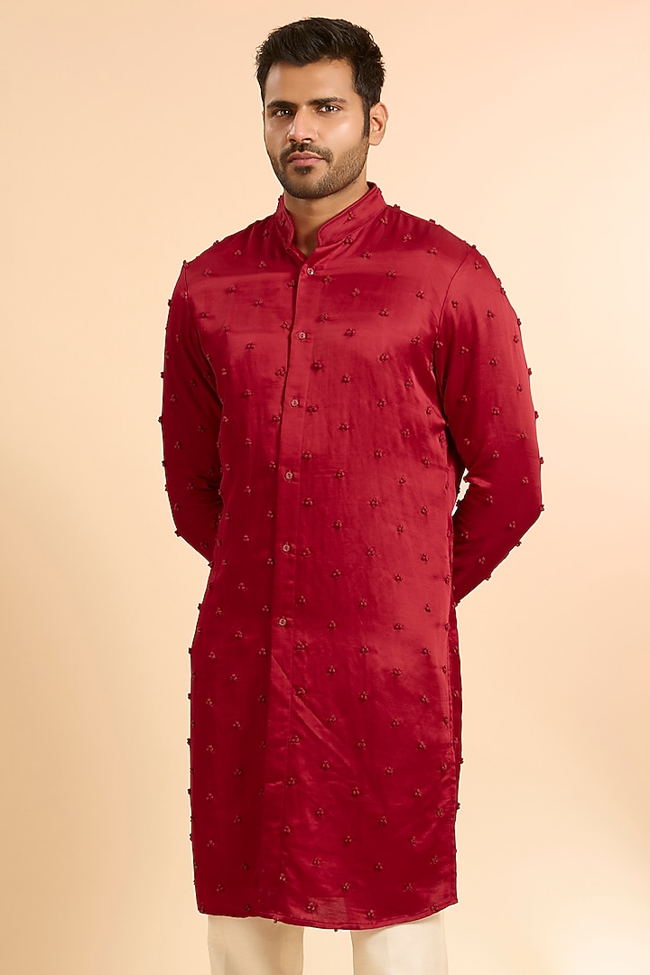 Bright Red Linen Satin Kurta With Dupatta by Kunal Rawal at Pernia's Pop Up Shop