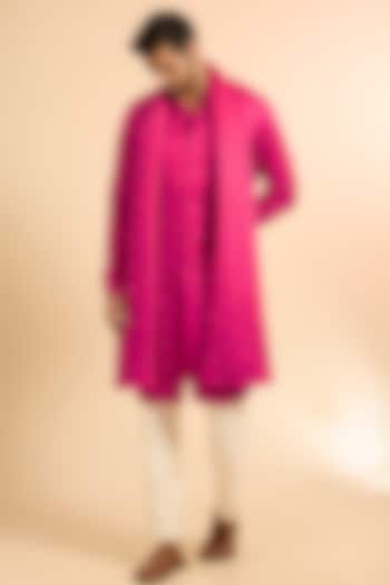 Hot Pink Linen Satin Kurta With Dupatta by Kunal Rawal at Pernia's Pop Up Shop