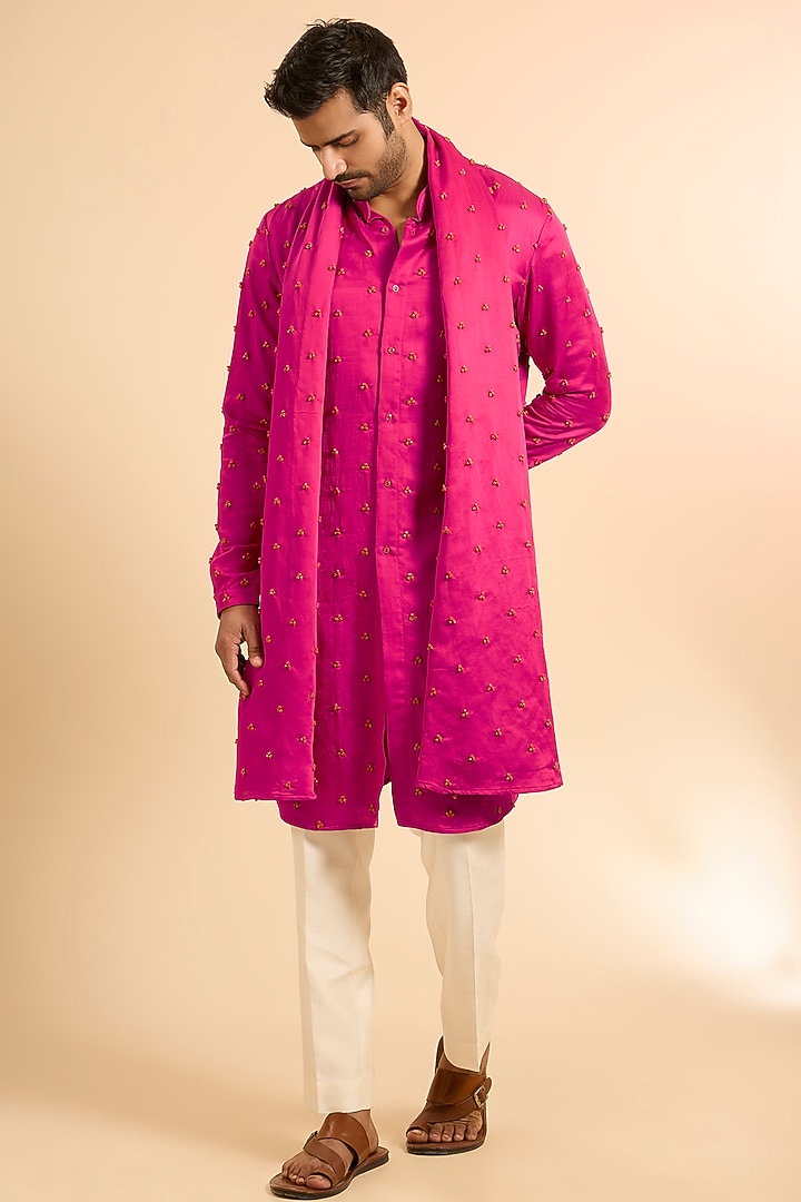 Hot Pink Linen Satin Kurta With Dupatta by Kunal Rawal at Pernia's Pop Up Shop