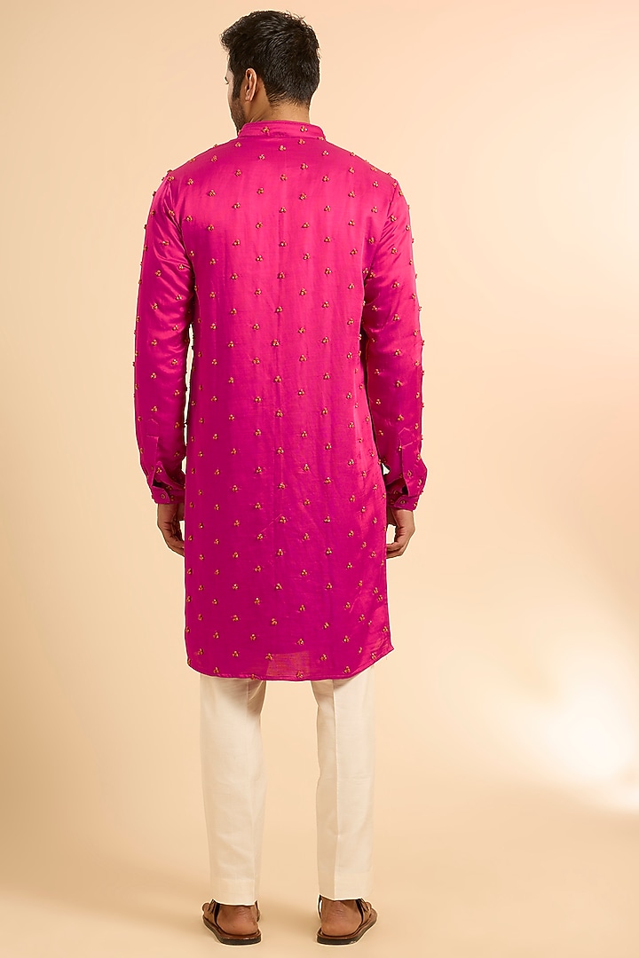 Hot Pink Linen Satin Kurta With Dupatta by Kunal Rawal at Pernia's Pop Up Shop
