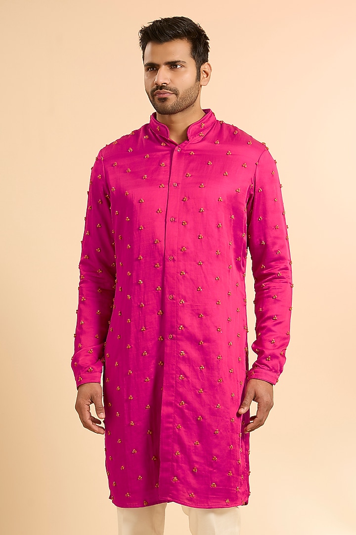 Hot Pink Linen Satin Kurta With Dupatta by Kunal Rawal at Pernia's Pop Up Shop