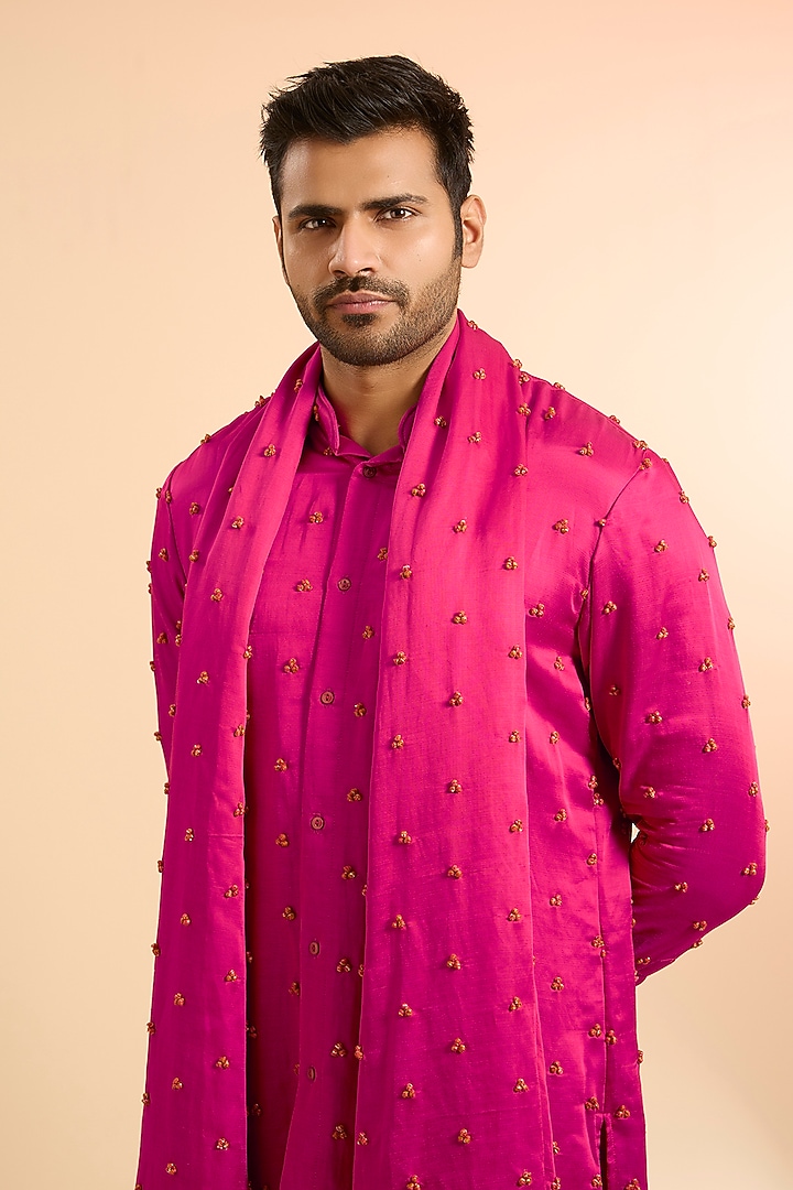 Hot Pink Linen Satin Kurta With Dupatta by Kunal Rawal at Pernia's Pop Up Shop