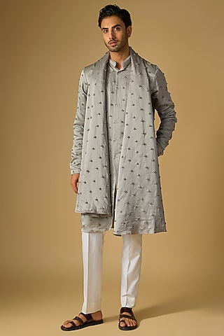 Steel Grey Linen Satin Kurta With Dupatta by Kunal Rawal