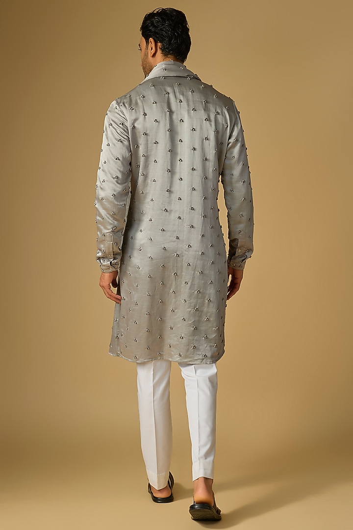 Steel Grey Linen Satin Kurta With Dupatta by Kunal Rawal at Pernia's Pop Up Shop
