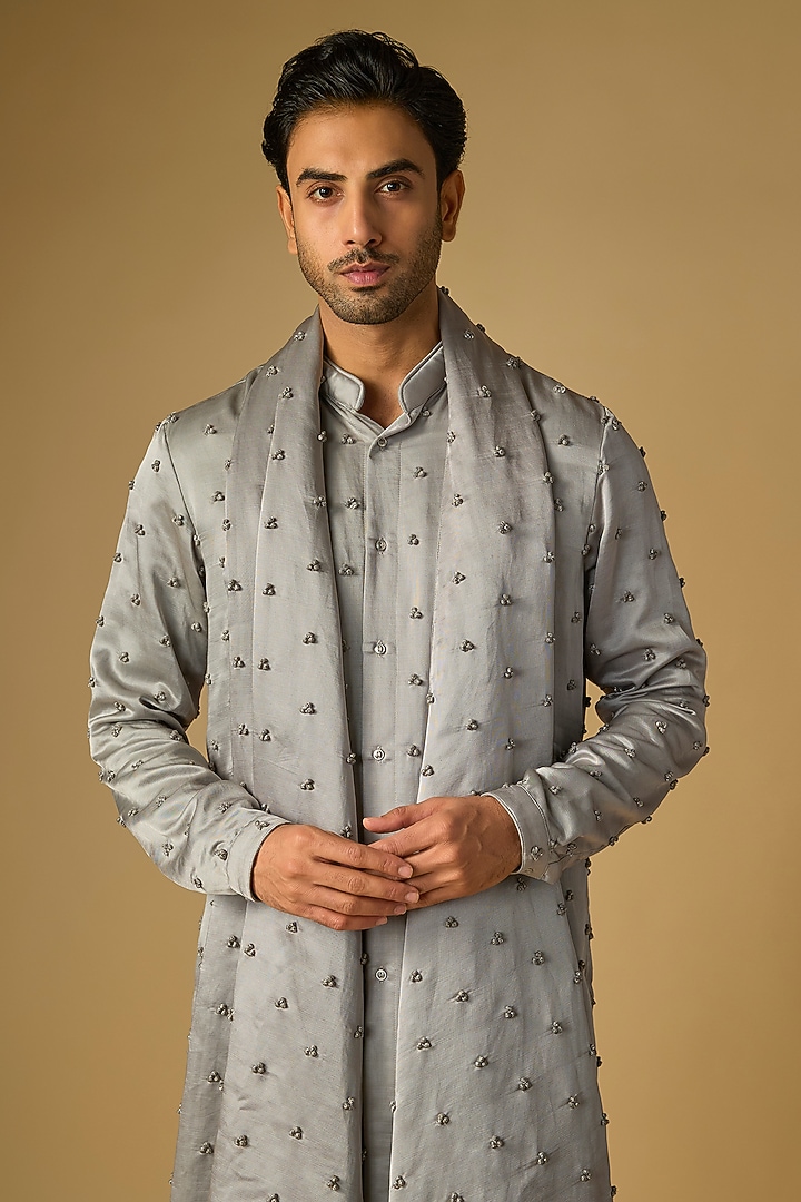 Steel Grey Linen Satin Kurta With Dupatta by Kunal Rawal at Pernia's Pop Up Shop