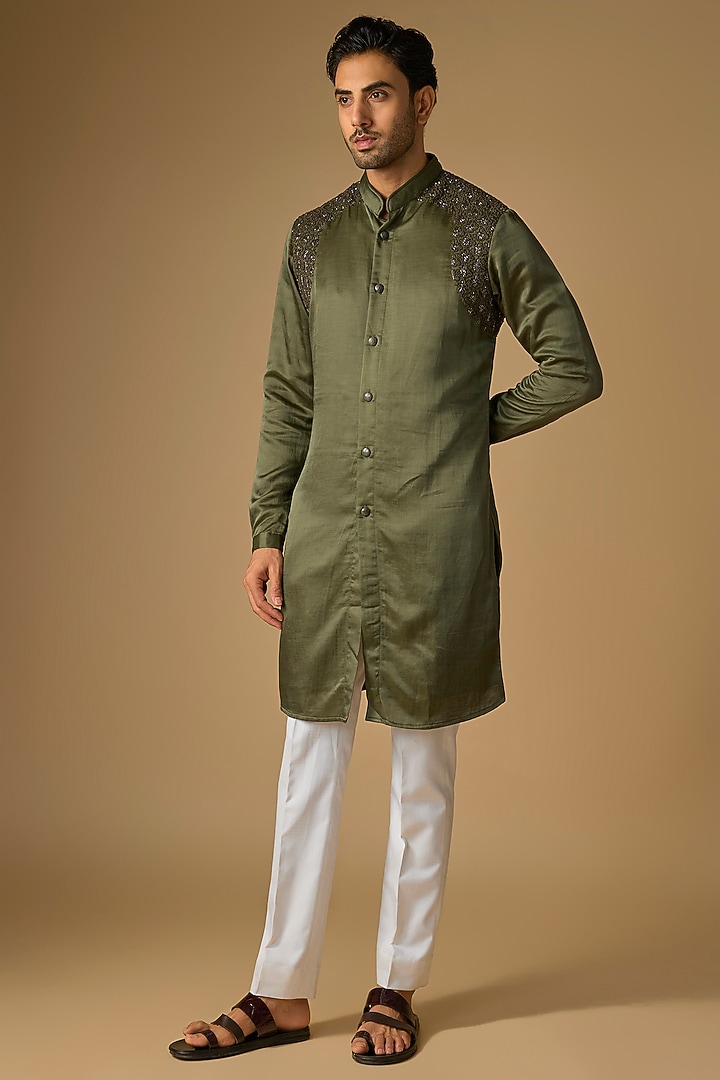 Washed Olive Suiting Hand Embroidered Kurta by Kunal Rawal at Pernia's Pop Up Shop
