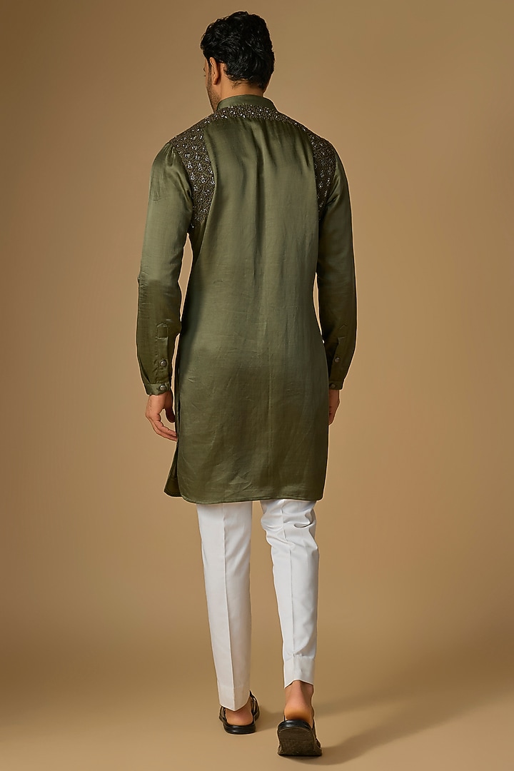 Washed Olive Suiting Hand Embroidered Kurta by Kunal Rawal at Pernia's Pop Up Shop