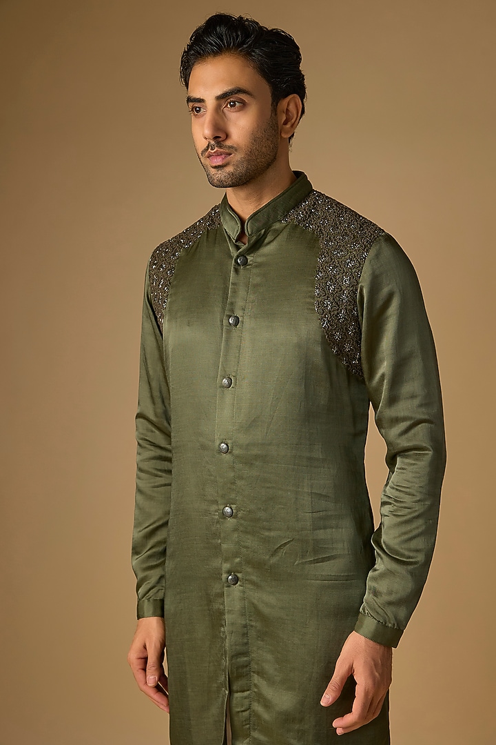 Washed Olive Suiting Hand Embroidered Kurta by Kunal Rawal at Pernia's Pop Up Shop