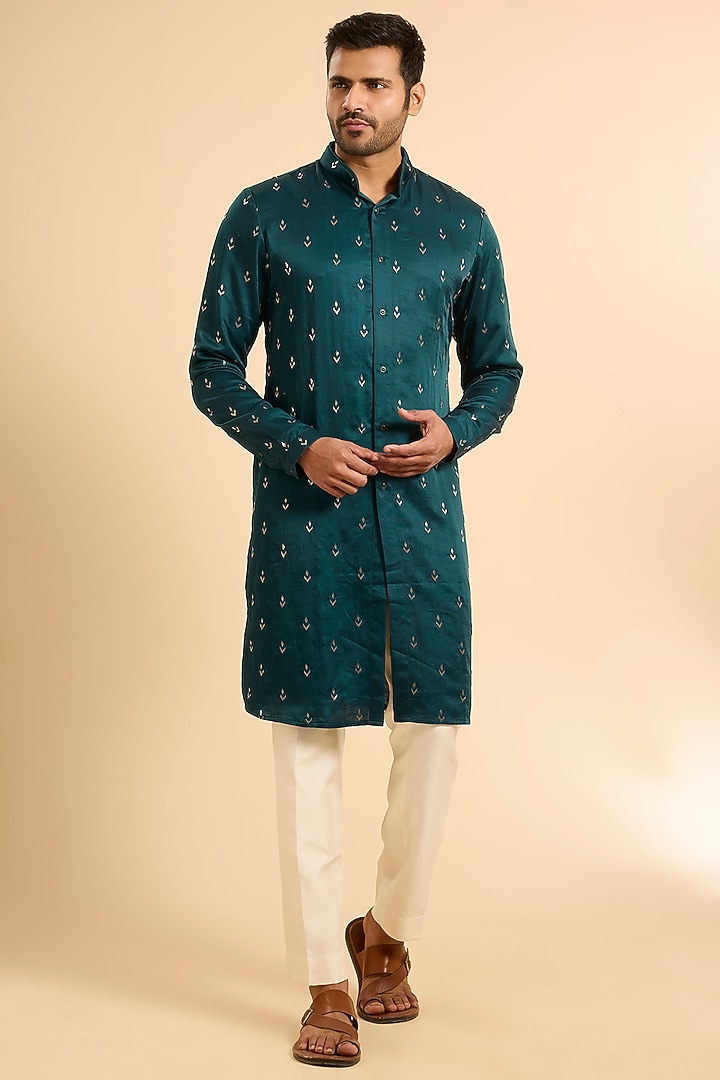 Teal Cotton Silk Kurta by Kunal Rawal at Pernia's Pop Up Shop