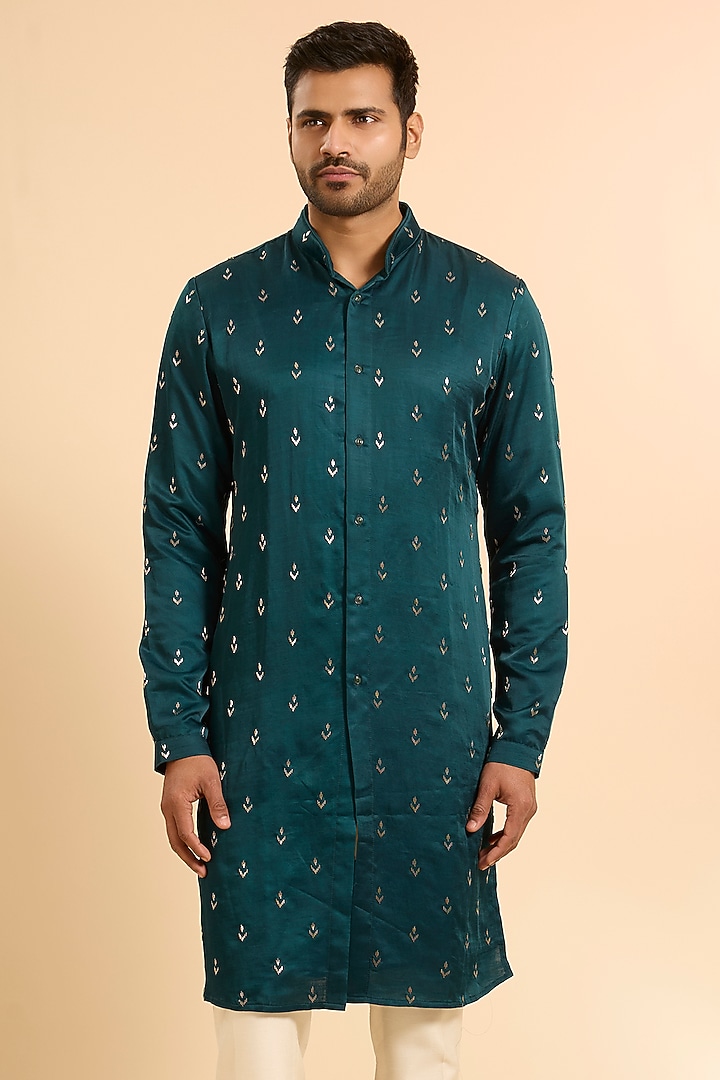Teal Cotton Silk Kurta by Kunal Rawal at Pernia's Pop Up Shop