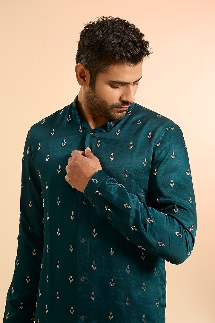 Teal Cotton Silk Kurta by Kunal Rawal at Pernia's Pop Up Shop