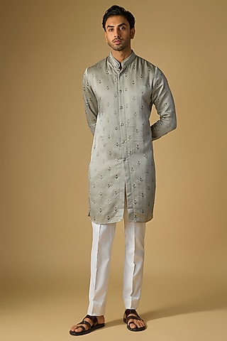 Steel Grey Cotton Silk Kurta by Kunal Rawal
