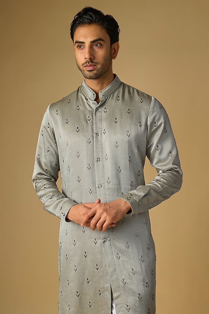 Steel Grey Cotton Silk Kurta by Kunal Rawal at Pernia's Pop Up Shop