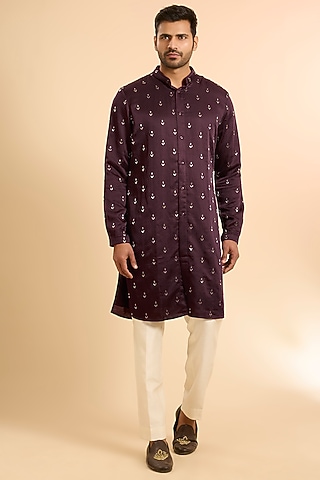 Dark Wine Cotton Silk Kurta by Kunal Rawal