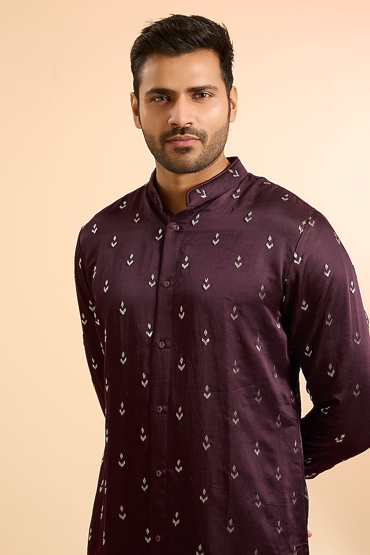 Dark Wine Cotton Silk Kurta by Kunal Rawal at Pernia's Pop Up Shop
