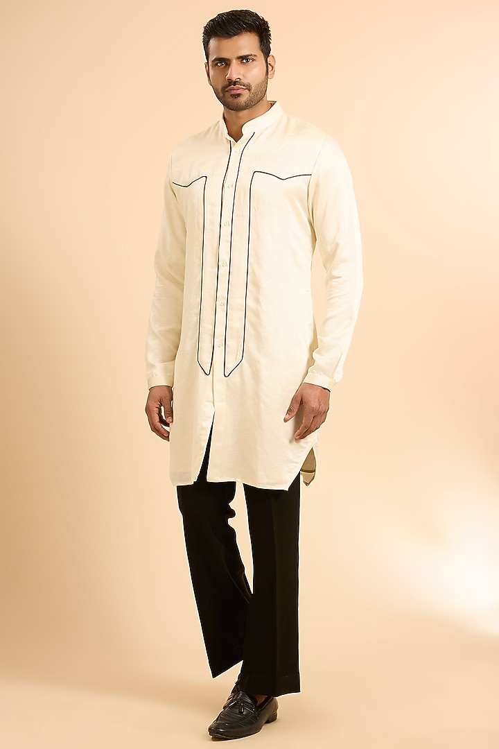Vanilla-Colored Linen Satin Kurta by Kunal Rawal at Pernia's Pop Up Shop