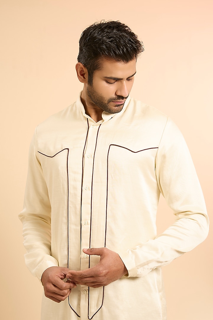 Vanilla-Colored Linen Satin Kurta by Kunal Rawal at Pernia's Pop Up Shop