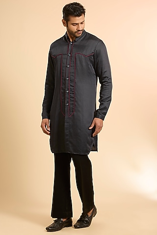 Charcoal Grey Linen Satin Kurta by Kunal Rawal