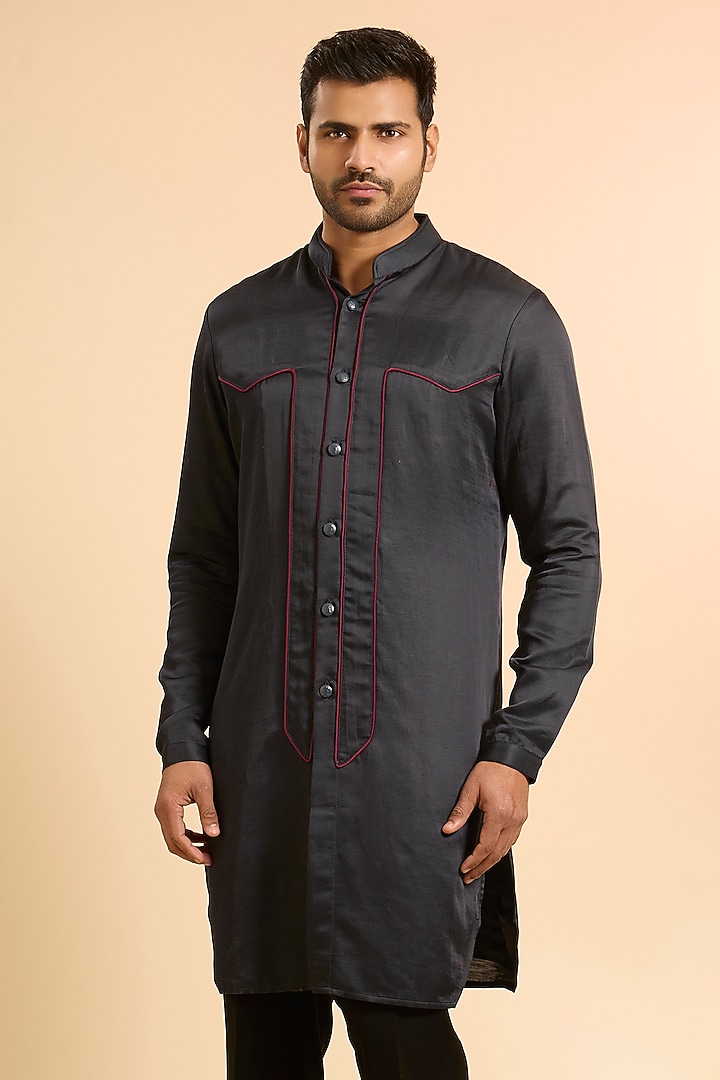Charcoal Grey Linen Satin Kurta by Kunal Rawal at Pernia's Pop Up Shop