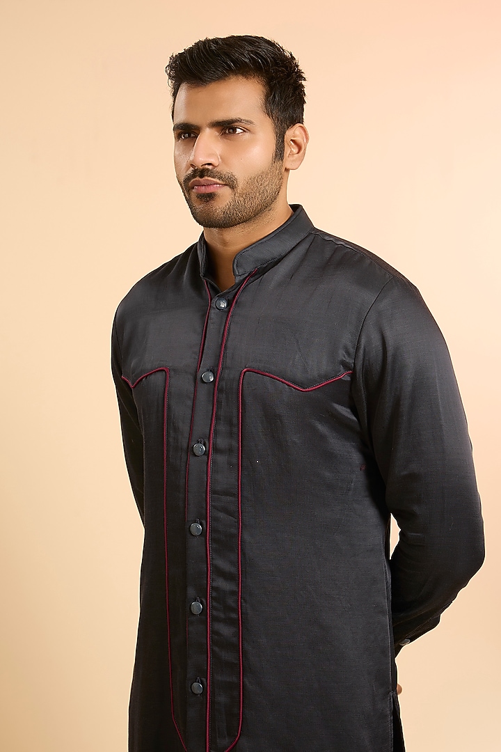 Charcoal Grey Linen Satin Kurta by Kunal Rawal at Pernia's Pop Up Shop