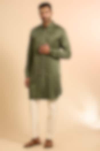 Washed Olive Linen Satin Kurta by Kunal Rawal at Pernia's Pop Up Shop