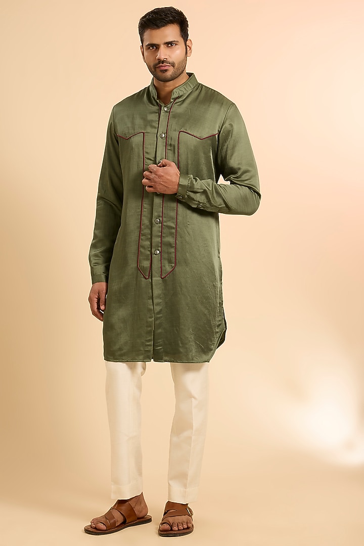Washed Olive Linen Satin Kurta by Kunal Rawal at Pernia's Pop Up Shop