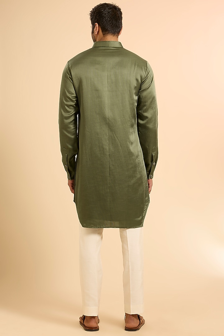 Washed Olive Linen Satin Kurta by Kunal Rawal at Pernia's Pop Up Shop