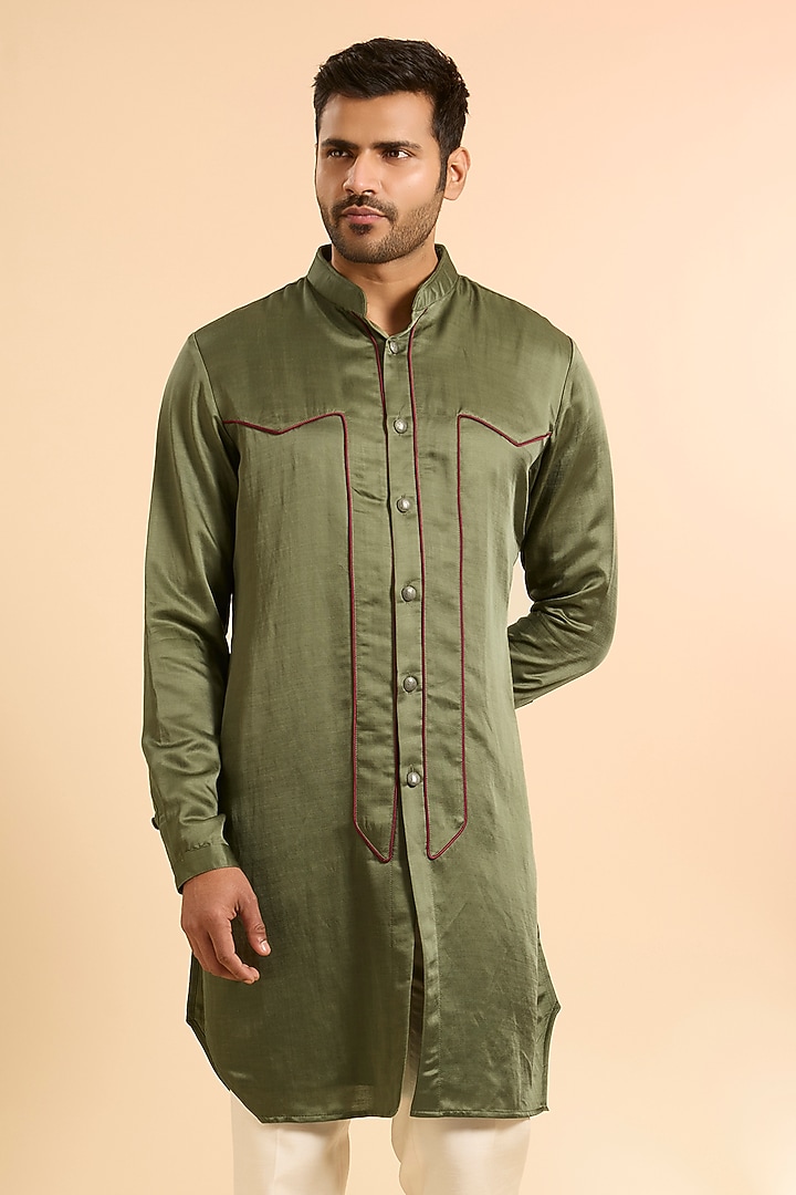 Washed Olive Linen Satin Kurta by Kunal Rawal at Pernia's Pop Up Shop