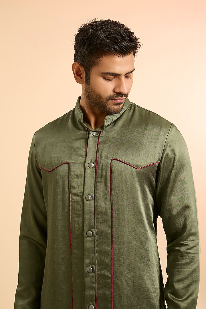 Washed Olive Linen Satin Kurta by Kunal Rawal at Pernia's Pop Up Shop
