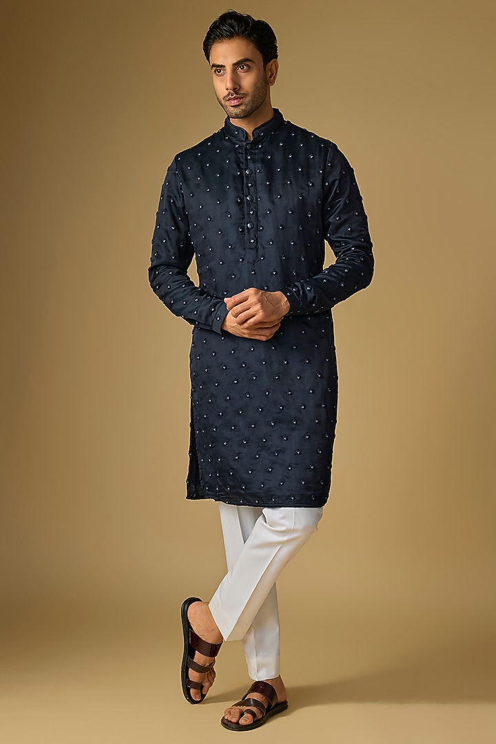 Navy Blue Viscose Kurta by Kunal Rawal at Pernia's Pop Up Shop