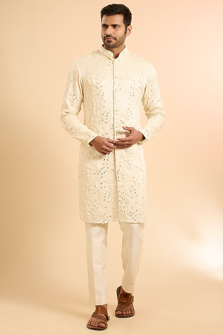 Vanilla-Colored Linen Satin Kurta by Kunal Rawal at Pernia's Pop Up Shop