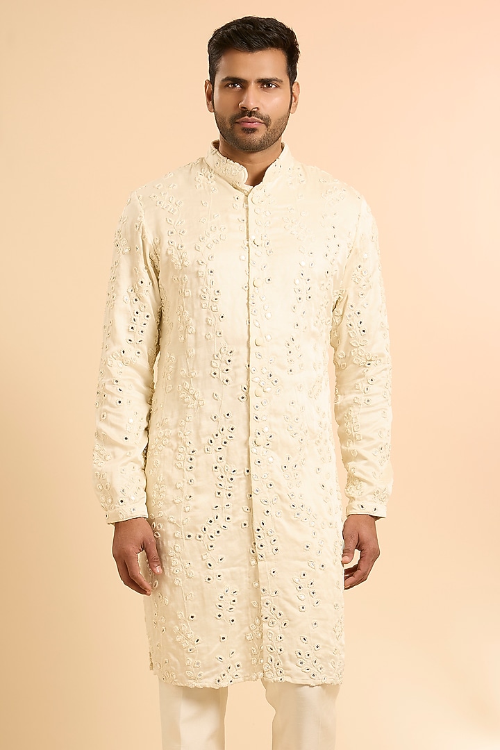 Vanilla-Colored Linen Satin Kurta by Kunal Rawal at Pernia's Pop Up Shop