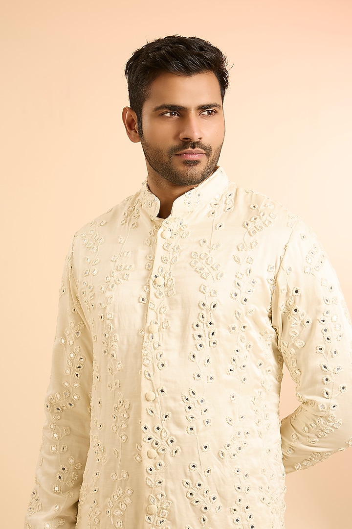 Vanilla-Colored Linen Satin Kurta by Kunal Rawal at Pernia's Pop Up Shop