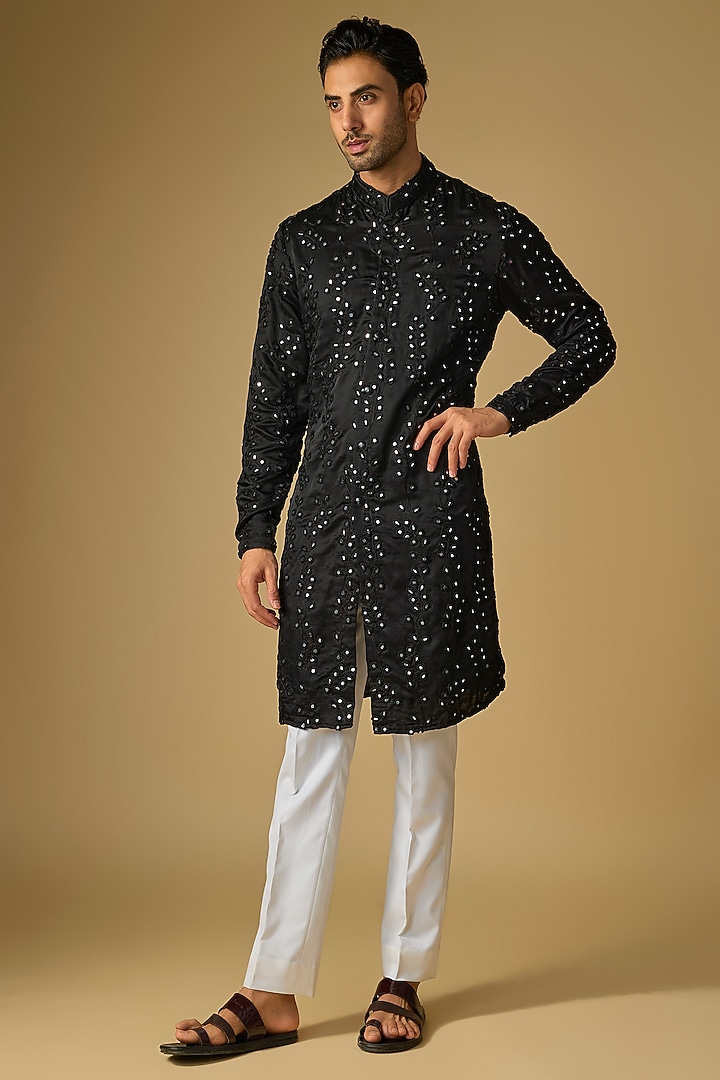 Black Linen Satin Kurta by Kunal Rawal at Pernia's Pop Up Shop