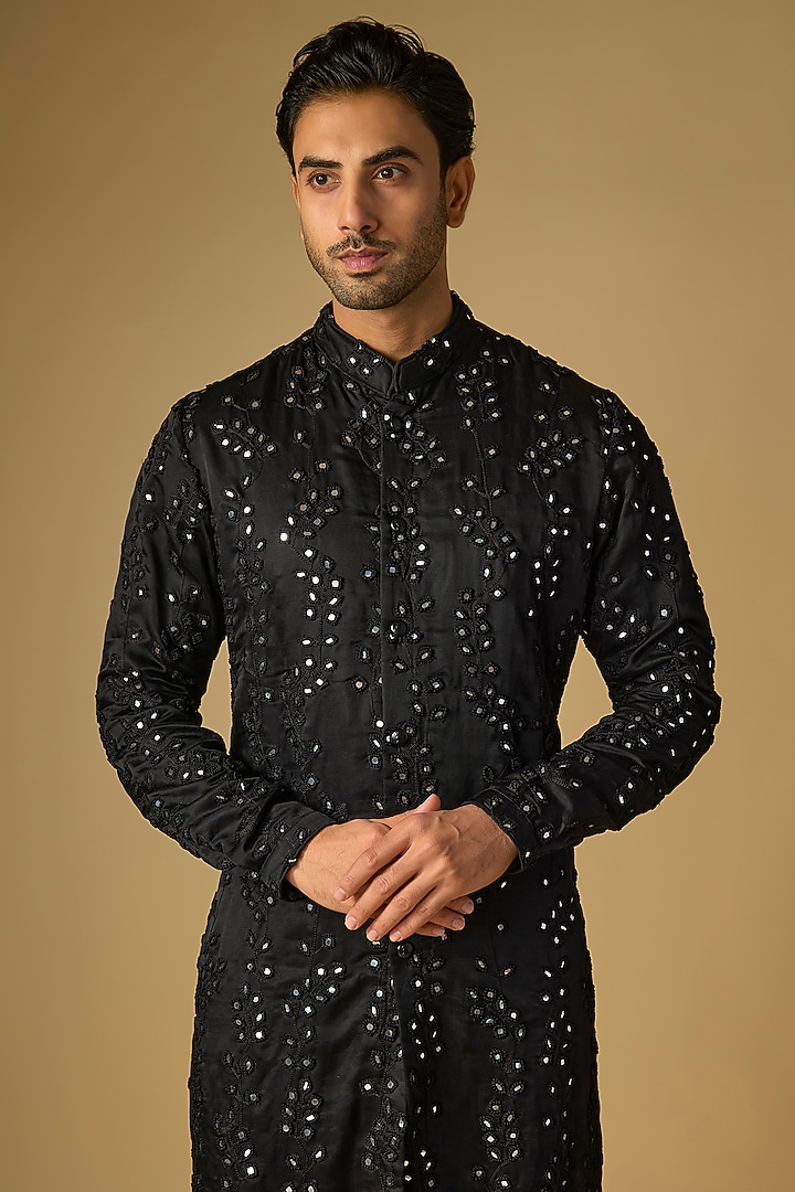 Black Linen Satin Kurta by Kunal Rawal at Pernia's Pop Up Shop