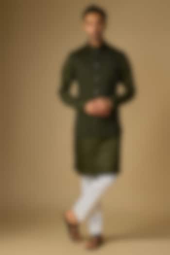 Dark Olive Blended Silk Bundi Jacket Set by Kunal Rawal at Pernia's Pop Up Shop