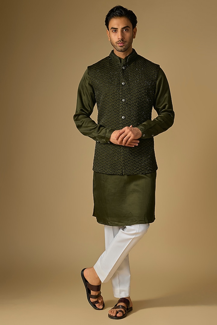 Dark Olive Blended Silk Bundi Jacket Set by Kunal Rawal at Pernia's Pop Up Shop