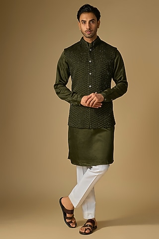Dark Olive Blended Silk Bundi Jacket Set by Kunal Rawal