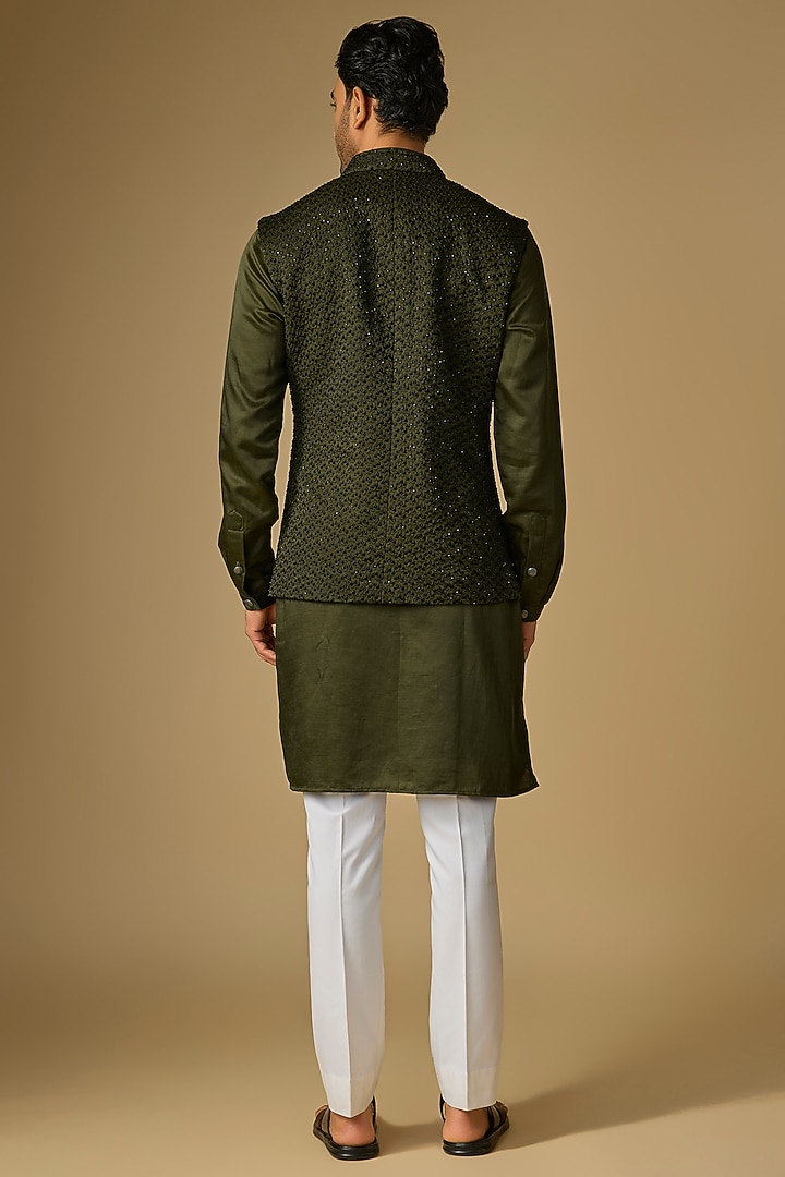 Dark Olive Blended Silk Bundi Jacket Set by Kunal Rawal at Pernia's Pop Up Shop