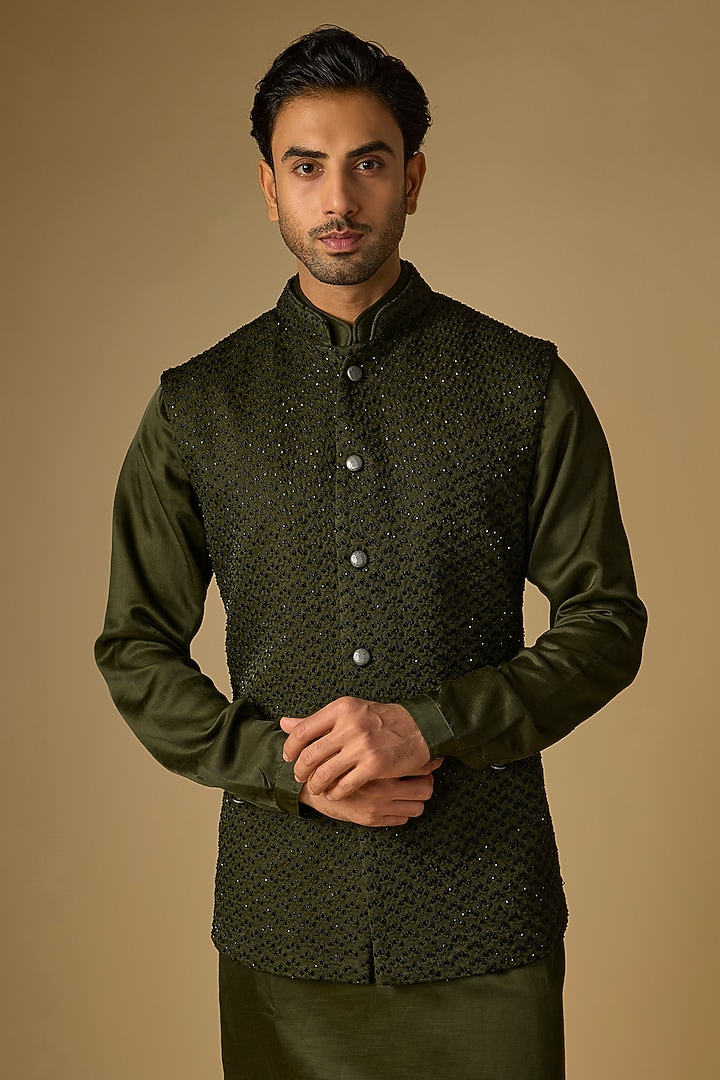 Dark Olive Blended Silk Bundi Jacket Set by Kunal Rawal at Pernia's Pop Up Shop