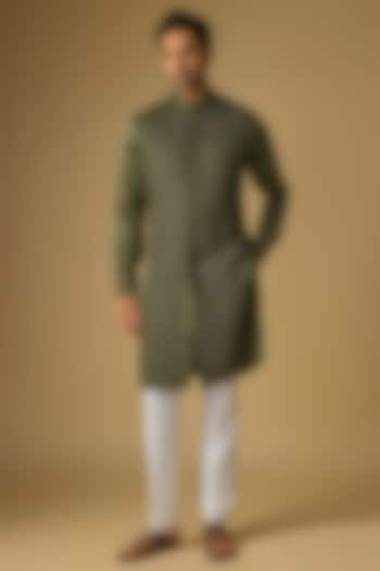 Washed Olive Blended Silk Kurta by Kunal Rawal at Pernia's Pop Up Shop