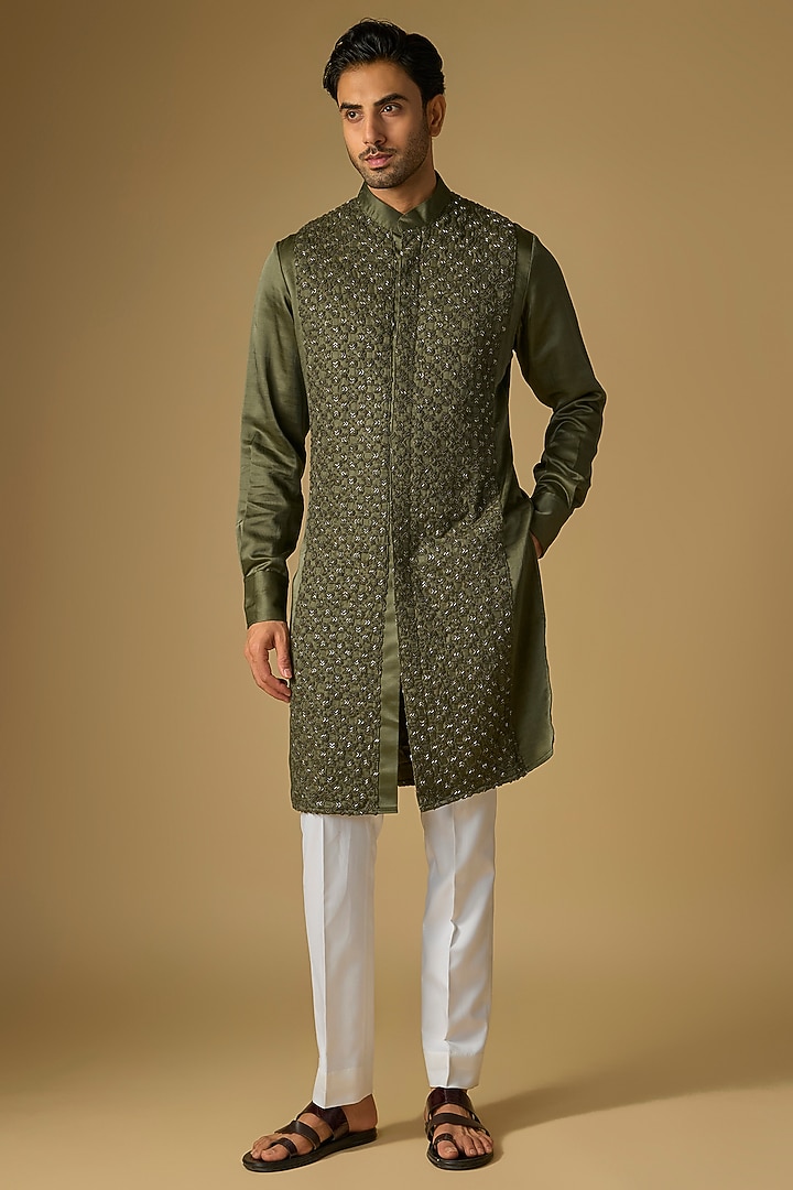 Washed Olive Blended Silk Kurta by Kunal Rawal at Pernia's Pop Up Shop