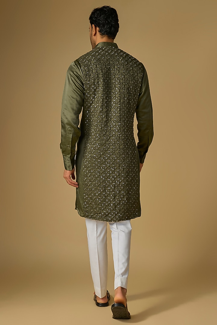 Washed Olive Blended Silk Kurta by Kunal Rawal at Pernia's Pop Up Shop