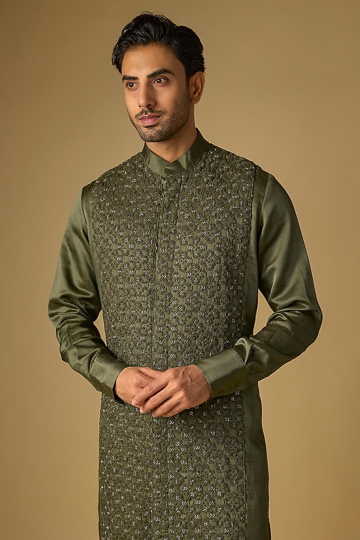 Washed Olive Blended Silk Kurta by Kunal Rawal at Pernia's Pop Up Shop
